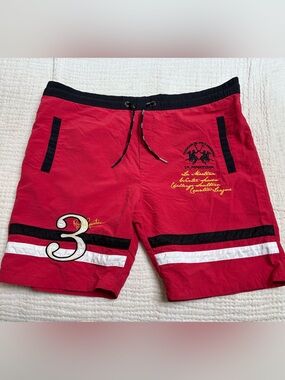 Large Red Men's Swim Shorts with Black & White Accents (Polo and La Martina)